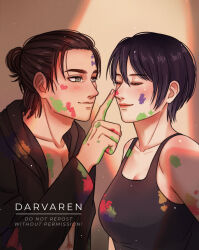  1boy artist_name bare_shoulders black_hair black_hoodie breasts brown_hair cleavage closed_eyes couple darvaren eren_yeager female finger_to_another&#039;s_nose green_eyes grey_tank_top hair_between_eyes hair_bun hood hood_down hoodie light_blush light_smile looking_at_another medium_breasts medium_hair mikasa_ackerman paint_on_body paint_on_clothes paint_on_fingers paint_on_hands shingeki_no_kyojin short_hair straight tank_top upper_body 