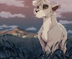  absurd_res black_nose cheek_tuft cloud digital_media_(artwork) facial_tuft felid female feral fluffy fur grass grey_body grey_fur hair hi_res lion mammal mountain outside pantherine plant red_eyes red_inner_ear sky solo tuft white_body white_fur 