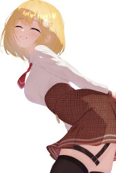  absurdres arms_behind_back black_thighhighs blonde_hair bob_cut breasts brown_skirt closed_eyes collared_shirt commentary cowboy_shot female from_side grin hair_ornament high-waist_skirt highres hololive hololive_english large_breasts leaning_forward medium_hair miniskirt necktie no_coat no_headwear plaid_clothes plaid_skirt pokyo red_necktie shirt short_necktie simple_background skindentation skirt smile solo thigh_strap thighhighs virtual_youtuber watson_amelia watson_amelia_(1st_costume) white_background white_shirt 