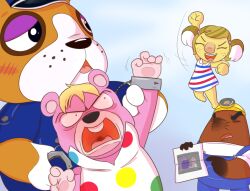  3_toes 4_fingers accessory alice_(animal_crossing) angry animal_crossing anthro armor arrested arresting avian barefoot bear becky_(animal_crossing) bent_arm big_nose bird black_eyebrows black_eyes black_nose blonde_hair blue_background blue_clothing blue_hat blue_headwear blue_overalls blue_shirt blue_topwear blush blush_lines booker_(animal_crossing) brown_body brown_fur bull_terrier canid canine canis chicken closed_eyes clothed clothed_anthro clothed_female clothed_male clothing colored cookieboy011 cuffed_wrists digital_drawing_(artwork) digital_media_(artwork) domestic_dog dress english_description eulipotyphlan eyebrows eyelashes feet female female_anthro fingers fist flat_chested floppy_ears freckled_face freckles fully_clothed fully_clothed_anthro fully_clothed_male fur furrowed_brow furrowed_eyebrows galliform gesture group hair hair_accessory half-closed_eyes hand_gesture hand_pawpads happy hard_hat hat headgear headwear helmet holding_arm holding_photo hunting_dog inner_ear_fluff jumping koala larger_anthro larger_male light lighting looking_at_another looking_back looking_back_at_another male male_anthro mammal marsupial midair mole_(animal) motion_lines mr._resetti multicolored_hair narrowed_eyes nintendo no_pupils open_mouth open_smile overalls pattern_clothing pattern_dress pawpads phasianid pink_body pink_fur pink_inner_ear pink_nose pink_pawpads pink_tongue pointing police police_officer police_uniform raised_fist raised_hand red_freckles shaded shirt short_hair simple_background size_difference sky smaller_anthro smaller_male smile story story_in_description striped_clothing striped_dress stripes tank_top terrier thick_eyebrows toes tongue topwear tuft two_tone_hair uniform vladimir_(animal_crossing) vombatiform whisker_spots white_body white_clothing white_dress white_fur white_inner_ear_fluff white_shirt white_tank_top white_topwear yellow_body yellow_fur 