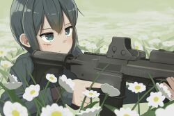  absurdres aiming akts625 androgynous aqua_eyes assault_rifle blood blood_on_face blush closed_mouth coat commentary daisy_(flower) day dot_mouth female field flower flower_field from_side green_coat gun hair_between_eyes highres holding holding_gun holding_weapon injury kino_(kino_no_tabi) kino_no_tabi light_blush long_sleeves looking_afar looking_ahead outdoors reflex_sight rifle romaji_commentary short_hair solo squatting tomboy trigger_discipline two-handed very_short_hair weapon weapon_request white_flower 