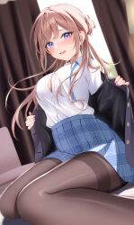  black_jacket black_pantyhose blazer blue_eyes blue_skirt blurry blurry_background blush breasts brown_hair buttons cleavage collared_shirt commentary_request curtains dutch_angle eyelashes female fingernails foreshortening gakuen_idolmaster hair_bun highres himesaki_rinami idolmaster indoors jacket kunimine_yuzuki large_breasts looking_at_viewer nail_polish on_bed open_mouth pantyhose pink_nails pleated_skirt removing_jacket school_uniform shirt shirt_tucked_in single_hair_bun sitting skirt solo suit_jacket sweat sweatdrop teeth undressing upper_teeth_only wariza white_shirt 