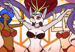  anthro big_breasts black_hair blonde_hair blue_eyes blue_hair breasts dancing dark_body dark_skin domestic_cat drunken_tales erika_(drunken_tales) felid feline felis female from_dusk_till_dawn fur hair hi_res human katherine_(drunken_tales) lord_sarloc mammal mia_(drunken_tales) parody pukijr purple_eyes red_eyes reptile sarloc scalie snake vampire white_body white_fur 