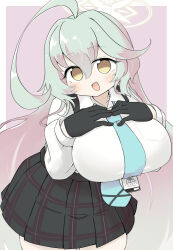  :d ahoge black_gloves black_skirt blue_archive blue_necktie blush border breasts brown_eyes brown_hair collared_shirt female gloves green_hair hair_between_eyes halo hands_on_own_chest hands_up large_breasts long_sleeves looking_at_viewer miranofuudoria multicolored_hair necktie plaid_clothes plaid_skirt pleated_skirt puffy_long_sleeves puffy_sleeves purple_background school_uniform shirt skirt smile solo two-tone_hair white_border yume_(blue_archive) 