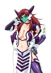  akanejima_ranga armor breasts brown_hair center_opening choker cleavage collarbone dress elbow_gloves face_shield female game_cg gan-chan_(artist) gloves hand_on_own_hip headgear hitozuma_sentai_aisaiger large_breasts large_variant_set lipstick long_hair magical_girl makeup mecha_musume midriff navel non-web_source official_art one_eye_closed parted_bangs pelvic_curtain purple_eyes purple_lips purple_thighhighs red_hair saiger_orchid side_slit solo standing thighhighs transparent_background variant_set 