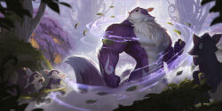  ambiguous_gender anthro bodily_fluids buckteeth dao_trong_le day digital_media_(artwork) forest fur group hi_res leaf league_of_legends legends_of_runeterra looking_up magic male mammal muscular muscular_male official_art open_mouth outside plant purple_body purple_fur riot_games rodent sciurid sitting smile surprised sweat sweatdrop tail teeth tencent transformation tree tree_squirrel white_body white_fur 