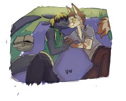  2025 absurd_res affectionate basket blonde_hair bottomwear brown_body brown_fur brown_hair clothed clothing container domestic_cat felid feline felis fish fur grey_body hair hi_res hug hybrid lynx male male/male mammal marine nuzzling pants picnic picnic_basket shark shirt tan_body tan_fur topwear vest wicked_whiskers zgf_art 