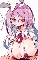  :o animal_ears bikini blush breasts clothes_lift collared_shirt dot_nose female furrowed_brow hair_between_eyes highres huge_breasts long_hair massakasama necktie o-ring o-ring_bikini parted_lips purple_hair rabbit_ears rabbit_girl red_bikini red_eyes red_necktie reisen_udongein_inaba shirt shirt_lift sidelocks simple_background solo sweat swimsuit touhou upper_body white_background white_shirt wing_collar 