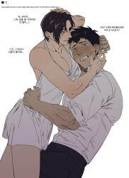  1boy bare_arms bare_shoulders bertolt_hoover black_hair black_pants blush breasts brown_eyes cleavage clenched_teeth collared_shirt couple cowboy_shot dansur_01 female freckles hand_on_another&#039;s_cheek hand_on_another&#039;s_face hand_on_own_head highres korean_text large_breasts pants parted_bangs parted_lips shingeki_no_kyojin shirt short_hair straight teeth white_background white_negligee white_shirt ymir_(shingeki_no_kyojin) 