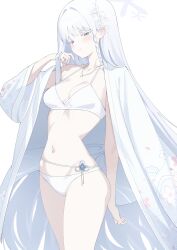  absurdres adjusting_hair bikini blue_archive blush bra ddog female green_eyes grey_halo hair_ornament halo haori hashtag-only_commentary highres japanese_clothes jewelry long_hair nagusa_(blue_archive) nagusa_(swimsuit)_(blue_archive) necklace official_alternate_costume open_clothes panties simple_background smile snowflake_hair_ornament swimsuit underwear very_long_hair white_background white_bikini white_bra white_hair white_haori white_panties 