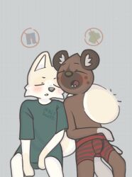  abstract_background aggretsuko ambiguous_gender anthro arctic_fox blush brown_body brown_fur canid canine clothed clothing cuddling duo fan_character fox freckles fur grey_body grey_clothing grey_fur grey_underwear haida_(aggretsuko) hi_res hyena intersex intersex/male kitscotti male mammal nonbinary_(lore) open_mouth pantsless pattern_clothing red_clothing red_underwear relaxing sanrio shirtless sleeping sleeping_together striped_clothing stripes tail tail_hug tan_body tan_fur tired true_fox underwear white_body white_fur 