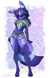  2025 5_fingers anthro arm_tuft biped bottomwear bra cheek_tuft clothed clothed_anthro clothed_female clothing coffeechicken eeveelution facial_tuft female fingers fluffy fluffy_tail fur fur_markings generation_2_pokemon hair hi_res leg_tuft long_hair long_tail looking_at_viewer markings navel nintendo pokemon pokemon_(species) purple_body purple_fur purple_hair scarf shiny_pokemon shorts simple_background solo standing tail thigh_tuft tuft umbreon underwear watermark 