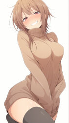  arched_back between_legs black_thighhighs blush breasts brown_hair brown_sweater cowboy_shot female grin hand_between_legs highres huge_thighs large_breasts leg_up long_sleeves looking_at_viewer no_pants nose_blush simple_background smile standing sweater thighhighs thighs turtleneck white_background zettai_ryouiki 