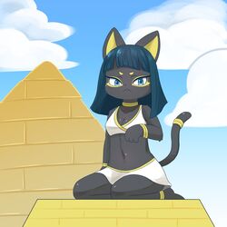  2022 :&lt; anthro blue_eyes blue_hair bracelets breasts clothed clothing collar egyptian egyptian_clothes egyptian_makeup elbow_tufts feline female female_only fur furry furry_only furry_specific_accessory grey_fur leg_bracelet looking_at_viewer navel on_knees pyramid small_breasts solo sum tail tail_bracelet 