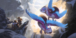  claws dao_trong_le day detailed_background digital_media_(artwork) feathered_wings feathers female feral group hi_res human league_of_legends legends_of_runeterra male mammal mountain official_art open_mouth outside portal riot_games rock smile snow snowing species_request tencent whiskers wings 