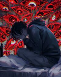  1boy black_hair black_hoodie blood blood_from_eyes chromatic_aberration commentary covering_own_face cross cross_earrings curled_up earrings from_side full_body highres hood hood_down hoodie horror_(theme) jewelry male_focus on_bed original pants pillow short_hair sitting solo sweatpants symbol-only_commentary too_many_eyes wormudon 
