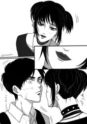  1boy backpack bag black_choker black_hair black_lips black_shirt choker collared_shirt commentary cross cross_earrings earrings eren_yeager female goth_fashion greyscale highres jewelry light_blush looking_at_another mikasa_ackerman monochrome multiple_earrings official_alternate_costume official_alternate_hairstyle parted_bangs peanuts261912 shingeki_no_kyojin shirt short_hair short_twintails sidelocks straight studded_choker sweatdrop symbol-only_commentary twintails twitter_username upper_body white_background 