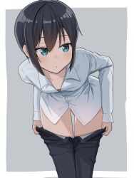  absurdres akts625 androgynous aqua_eyes bent_over black_hair black_pants blush border breasts closed_mouth clothes_pull collarbone collared_shirt commentary dot_mouth dress_shirt female foreshortening grey_background hair_between_eyes highres kino_(kino_no_tabi) kino_no_tabi leaning_forward long_sleeves looking_afar looking_to_the_side outside_border pants pants_pull pulling_own_clothes romaji_commentary shirt short_hair sidelocks small_breasts solo standing thigh_gap tomboy undressing very_short_hair white_border white_shirt 