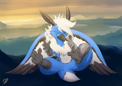  4_toes ambiguous_gender anthro avian back_wings barefoot beak claws eyewear feathered_wings feathers featureless_crotch feet foot_focus glasses green_eyes hair hi_res looking_at_viewer mountain multicolored_body outside presenting sitting soles solo stormdragonblue stormdragonblue_(character) toe_claws toes wings 