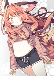  animal_ear_fluff animal_ears black_shorts blush brown_eyes brown_hair brown_sweater closed_mouth commentary_request cropped_sweater daidai_ookami dolphin_shorts female highres long_hair long_sleeves looking_at_viewer navel original puffy_long_sleeves puffy_sleeves ribbed_sweater short_shorts shorts sleeves_past_wrists solo sweater tail very_long_hair 