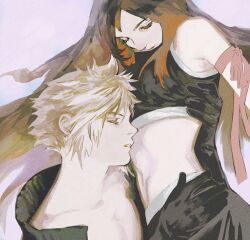  1boy arm_around_back arm_up armpit_crease bare_shoulders black_gloves black_hair blonde_hair closed_eyes cloud_strife collarbone commentary couple crop_top female final_fantasy final_fantasy_vii final_fantasy_vii:_advent_children from_side gloves hand_on_another&#039;s_hip head_on_another&#039;s_stomach hug long_hair midriff parted_lips profile red_ribbon ribbon short_hair spiked_hair straight symbol-only_commentary tifa_lockhart tori_(labyrinth_fft) upper_body 