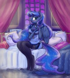  2016 alicorn anthro back_wings bed blue_body blue_eyes blue_fur blue_hair blue_nightgown blush breasts cleavage clothed clothing equid equine feathered_wings feathers female fetlocks friendship_is_magic fur furniture hair hasbro highlights_(coloring) hoof_hands hooves horn inside king-kakapo legwear long_hair mammal moon_necklace my_little_pony mythological_creature mythological_equine mythology nightgown on_bed open_mouth princess_luna_(mlp) purple_highlights sitting solo sparkles sparkling_hair stockings thigh_highs unguligrade wings 
