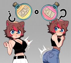  ? ^^^ animal_ears artist_request ass blue_eyes blue_pants blush breasts brown_hair commentary_request denim female grey_background highres indie_virtual_youtuber jeans large_breasts looking_at_viewer multicolored_hair multiple_views navel pants potion raccoon_ears raccoon_girl rakkun_sutaru red_hair spanish_commentary streaked_hair white_pants 