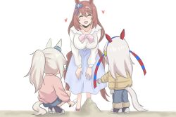  3girls aged_down ahoge animal_ears bent_over blue_bow blue_hairband blue_pants blue_shorts blue_skirt blush bow bowtie braid breasts brown_hair closed_eyes coat ear_bow ear_covers ear_ornament fingerless_gloves gloves grey_hair grey_tail hair_between_eyes hair_ornament hairband headband heart holding_trowel horse_ears horse_girl horse_tail large_breasts leaning_forward long_hair long_sleeves maro_(maro1108) multicolored_hair multiple_girls oguri_cap_(umamusume) open_mouth pants pink_bow pink_bowtie pink_sweater ponytail red_headband sand shirt shorts skirt smile streaked_hair striped_clothes striped_hairband super_creek_(casual)_(umamusume) super_creek_(umamusume) sweater tail tamamo_cross_(umamusume) trowel umamusume umamusume:_cinderella_gray very_long_hair white_gloves white_hair white_shirt yellow_coat 