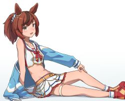  animal_ears belt blue_jacket blush bow breasts brown_eyes brown_hair cheerleader cocoa_inryo collarbone crop_top female highres horse_ears horse_girl horse_tail jacket jacket_partially_removed looking_at_viewer medium_hair midriff multicolored_hair navel nice_nature_(run&amp;win)_(umamusume) nice_nature_(umamusume) open_clothes open_jacket open_mouth ponytail red_bow shirt shoes simple_background single_bare_shoulder skirt smile socks solo streaked_hair tail thigh_strap umamusume white_background white_shirt white_skirt white_socks yellow_belt 