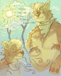  2024 absurd_res anthro blue_sky brown_eyes brown_nose capegloam closed_eyes digital_drawing_(artwork) digital_media_(artwork) ear_piercing ear_tuft english_text facial_piercing felid fur gauged_ear green_kerchief green_neckerchief handwritten_text head_tuft hi_res kerchief kerchief_only light male mammal mostly_nude neckerchief neckerchief_only neckwear nose_piercing nose_ring pantherine piercing plant plug_(jewelry) ring_piercing septum_piercing septum_ring shaded sky smile snout snow_leopard solo sun sunlight text tree tuft yellow_body yellow_fur 