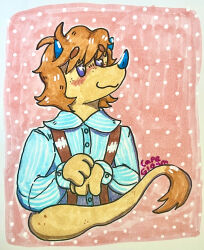  2024 absurd_res alien anthro blue_clothing blue_horn blue_shirt blue_topwear blush brown_hair capegloam clothed clothing collared_shirt dotted_background facial_horn hair half-length_portrait hi_res horn male mammal marker_(artwork) nose_horn pattern_background pen_(artwork) portrait purple_eyes rhinoceros shaded shirt short_hair simple_background smile snout solo suspenders tail tail_tuft tan_body topwear traditional_media_(artwork) tuft 