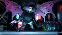  4_fingers absurd_res beanie big_breasts blush breasts breath clothed clothing crouching embarrassed female fingers glitch_productions glowing glowing_body glowing_eyes glowing_markings gun hair hat headgear headwear hi_res hoodie humanoid looking_at_viewer machine markings murder_drones partially_clothed purple_eyes purple_hair ranged_weapon robot robot_humanoid samtrix smile solo submachine_gun tail thick_thighs topwear uzi uzi_(murder_drones) weapon white_body wings yellow_eyes 