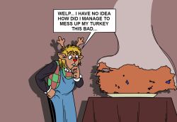  anthro antlers apron blonde_hair brown_body buckteeth checkered checkered_clothing checkered_sweater checkered_topwear clothing cooked deer deltarune dialogue female food freckles furniture hair hand_on_hip horn humor mammal meat monterrang new_world_deer noelle_holiday pattern_clothing pattern_sweater pattern_topwear plate pun red_nose reindeer shadow simple_background solo speech_box steam sweater table talking_to_self teeth text topwear turkey_(country) turkey_meat undertale_(series) visual_pun 