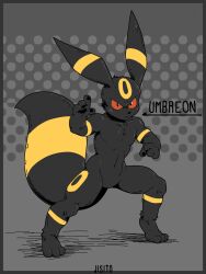  3_fingers 4_fingers absurd_res angry anthro artist_name athletic biceps black_body black_fur black_nose black_pawpads cheek_tuft eeveelution facial_tuft fighting_pose fingers fluffy fur fur_markings generation_2_pokemon grey_background hi_res jisito long_ears long_tail looking_at_viewer male markings muscular navel nintendo pawpads pecs pokemon pokemon_(species) pose red_eyes red_sclera serious shaded shadow simple_background solo standing tail text thick_thighs tuft umbreon yellow_body yellow_fur 