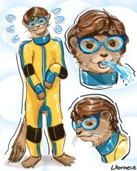  anthro anthrofied beady_eyes brown_body brown_fur dispatch eyewear fur goggles hi_res lhoraece_kira male mammal mustelid otter solo superhero water waterboy_(dispatch) wetsuit 