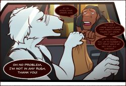  andromorph_(lore) anthro arin_(daxhush) black_hair borzoi canid canine canis clothing daxhush dialogue domestic_dog drive-thru duo english_text equid equine eyewear floppy_ears glasses hair hi_res horse hunting_dog male mammal open_mouth open_smile shirt sighthound smile speech_bubble t-shirt tank_top text topwear trans_(lore) trans_man_(lore) 