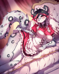  5_fingers anthro biped blush clothed clothed_anthro clothed_female clothing felid female fingers fluffy fluffy_tail fully_clothed fully_clothed_anthro fully_clothed_female fur fur_markings grey_body grey_fur hair hands_on_hips hi_res inner_ear_fluff looking_at_viewer lying maid_uniform mammal markings multicolored_hair on_side pantherine red_eyes short_hair snow_leopard solo tail tekahika thick_thighs tuft uniform wide_hips wings 