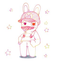  2023 anthro arms_bent bodily_fluids button_(fastener) clothed clothed_anthro clothed_male clothing colored colored_line_art crossover digital_drawing_(artwork) digital_media_(artwork) english_description facial_hair full-length_portrait hands_on_own_hips heterochromia hi_res lagomorph lidded_eyes long_ears male male_anthro mammal mario_bros mario_plus_rabbids_kingdom_battle mitten_hands moustache nintendo no_pupils orange_line_art overalls peypey_mei1925 portrait purple_eyes purple_line_art rabbid rabbid_mario raving_rabbids rayman_(series) red_eyes red_facial_hair red_line_art red_mustache shaded shirtless_anthro shirtless_male simple_background simple_shading solo standing star sweat sweatdrop toothpick toothpick_in_mouth ubisoft white_background white_body white_clothing white_overalls 