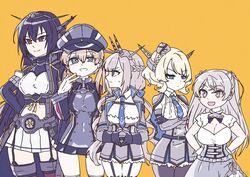  5girls anchor_hair_ornament black_coat black_gloves black_hair black_pantyhose black_thighhighs blonde_hair blue_necktie breasts brown_eyes capelet coat colorado_(kancolle) commentary_request conte_di_cavour_(kancolle) conte_di_cavour_nuovo_(kancolle) corset cowboy_shot detached_collar dress dress_shirt elbow_gloves fingerless_gloves garrison_cap garter_straps gloves grey_capelet grey_dress grey_eyes grey_hair grey_headwear grey_skirt hair_ornament hat headgear height_difference highres kantai_collection kikumon large_breasts long_hair low_twintails maryland_(kancolle) microskirt military military_uniform miniskirt multiple_girls nagato_(kancolle) nagato_kai_ni_(kancolle) nami_nami_(belphegor-5812) necktie odd_one_out pantyhose pleated_dress pleated_skirt prinz_eugen_(kancolle) shirt short_hair skirt standing thigh_gap thighhighs twintails two_side_up uniform white_dress white_shirt white_skirt yellow_background 