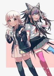  2girls backpack bag black_hair black_legwear blue_hair breasts cat_bag closed_mouth danganronpa flipped_hair hair_ornament hairclip highres hood hooded_jacket jacket jewelry large_breasts long_hair mioda_ibuki mismatched_legwear multicolored_hair multiple_girls nanami_chiaki necklace one_eye_closed piercing pink_eyes pink_hair scar school_uniform serafuku simple_background smile stitches super_danganronpa_2 tattoo thighhighs torn_clothes torn_legwear unkou white_hair 