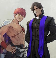  2boys abs arms_behind_back bare_pectorals black_pants brown_eyes brown_hair cape commentary cross cross_necklace emiya_shirou fate/grand_order fate/stay_night fate_(series) grey_background hair_intakes hat highres igote jewelry kotomine_kirei looking_at_viewer male_focus mitre multiple_boys necklace no_nipples okonon_(kado_colda) orange_hair pants parted_lips pectorals rasputin_(fate) senji_muramasa_(fate) simple_background standing stole toned toned_male yellow_eyes 