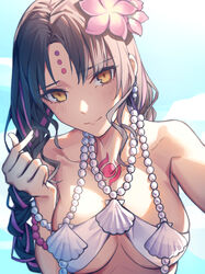  bikini black_hair blue_sky bracelet braid breasts chest_tattoo closed_mouth commentary day earrings facial_mark fate/grand_order fate_(series) female finger_heart flower forehead_mark forehead_tattoo hair_flower hair_ornament hand_up highres jewelry large_breasts light_blush long_hair looking_at_viewer multicolored_hair necklace outdoors parted_bangs pearl_bracelet pearl_earrings pearl_necklace pink_flower pink_hair seashell sessyoin_kiara sessyoin_kiara_(swimsuit_mooncancer) sessyoin_kiara_(swimsuit_mooncancer)_(first_ascension) shell shell_necklace sky solo streaked_hair swimsuit symbol-only_commentary tattoo twin_braids upper_body white_bikini yangsan_(2991076090) yellow_eyes 