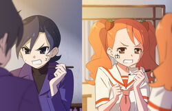  1boy angry asymmetrical_bangs black_eyes black_hair blazer body_switch brown_eyes clenched_hand clenched_teeth commentary_request drawing_on_own_face female food-themed_hair_ornament hair_intakes hair_ornament holding holding_pen ichigozaka_middle_school_uniform indoors jacket julio_(precure) kimi_no_na_wa. kirakira_precure_a_la_mode kuroki_rio long_sleeves looking_at_mirror mirror mirrored_text neckerchief orange_hair orange_neckerchief parody pen personality_switch precure sailor_collar school_uniform serafuku short_sleeves split_screen strawberry_hair_ornament sweatdrop teeth translated tuqi_pix turtleneck twintails upper_body usami_ichika v-shaped_eyebrows 