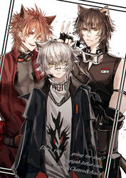  3boys absurdres animal_ears aosta_(arknights) arknights black_gloves black_hair black_jacket broca_(arknights) brown_eyes brown_hair cat_ears character_name chiave_(arknights) commentary_request english_text fingerless_gloves fox_ears gloves goggles goggles_around_neck grey_shirt highres ikag jacket lofter_username looking_at_viewer male_focus md5_mismatch multiple_boys red_jacket shirt short_hair sleeveless smile upper_body v white_background white_hair yellow_eyes 