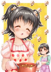  &gt;:) 2girls ^_^ akagi_miria apron black_hair blush brown_eyes brown_flower closed_eyes closed_mouth collarbone commentary_request eighth_note flower food green_skirt hair_flower hair_ornament highres holding idolmaster idolmaster_cinderella_girls long_sleeves mother_and_daughter multiple_girls musical_note oven_mitts pink_shirt polka_dot polka_dot_apron pot puffy_short_sleeves puffy_sleeves purple_apron regular_mow shirt short_hair short_sleeves skirt smile two-tone_background two_side_up v-shaped_eyebrows white_apron white_background white_flower yellow_background 