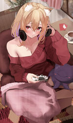  absurdres ahoge alheitrakzoth animal_ear_fluff animal_ears bare_shoulders blonde_hair blush breasts cat_ears cleavage closed_mouth coffee_mug collarbone commentary_request commission controller couch cup female game_controller hair_between_eyes hand_up hands_on_headphones highres holding holding_controller holding_game_controller indoors large_breasts long_bangs long_sleeves looking_at_viewer looking_up medium_hair mug off-shoulder_sweater off_shoulder on_couch oreazu red_eyes red_sweater shyrei_faolan sitting skeb_commission solo sweater table virtual_youtuber vyugen 