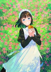  apron black_hair blue_eyes blush brown_dress brown_hair commentary_request day dress female flower food grin highres holding holding_food juliet_sleeves long_sleeves looking_at_viewer maeya_susumu maid maid-san_wa_taberu_dake maid_apron maid_day maid_headdress outdoors pink_flower puffy_sleeves short_hair smile solo suzume_(maid-san_wa_taberu_dake) white_apron 