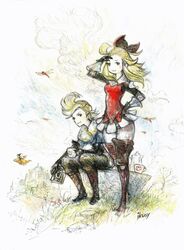  1boy ahoge black_gloves blonde_hair blue_eyes book boots bow bravely_default:_flying_fairy bravely_default_(series) brown_footwear bug coffee_pot cup dragonfly edea_lee female gloves hair_ornament hairbow highres ikusy long_hair official_art pompadour ringabel sidelocks sitting smile standing 