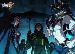  2girls 3others black_bodysuit black_gloves black_hood black_jacket black_pants bodysuit breasts brown_hair cleavage closed_mouth copyright_name dark-skinned_female dark_skin gloves glowing glowing_eye gray_serpent grey_hair highres holding holding_umbrella honkai_(series) honkai_impact_3rd jackal_(honkai_impact) jacket logo long_hair long_sleeves looking_at_viewer mask multiple_girls multiple_others official_art pants purple_eyes raven_(honkai_impact) second-party_source umbrella white_jacket yellow_eyes 