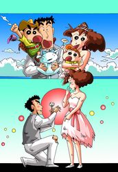  2boys 2girls bad_id bad_pixiv_id black_hair brown_hair commentary_request crayon_shin-chan dress family highres lipstick_mark multiple_boys multiple_girls nohara_himawari nohara_hiroshi nohara_misae nohara_shinnosuke shiro_(crayon_shin-chan) shorts studio_viga tiara yellow_shorts 